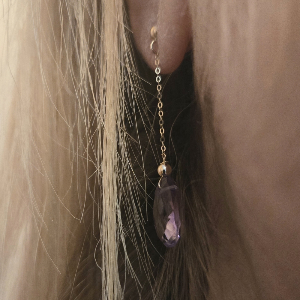 14K Solid Yellow Gold Semiprecious Amethyst Drop Earrings - - Picture 2 of 12